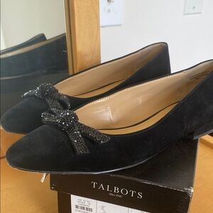 Talbots Black Flats with Bow and Crystal Embellishments